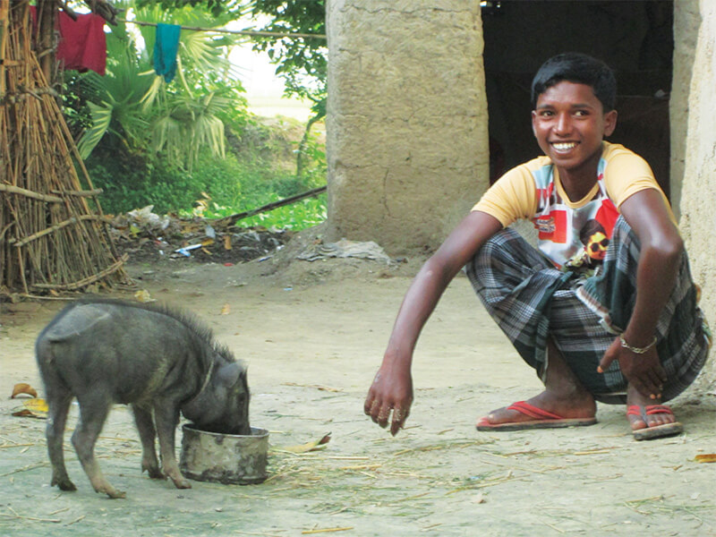 Chapal and his pig pose for a picture